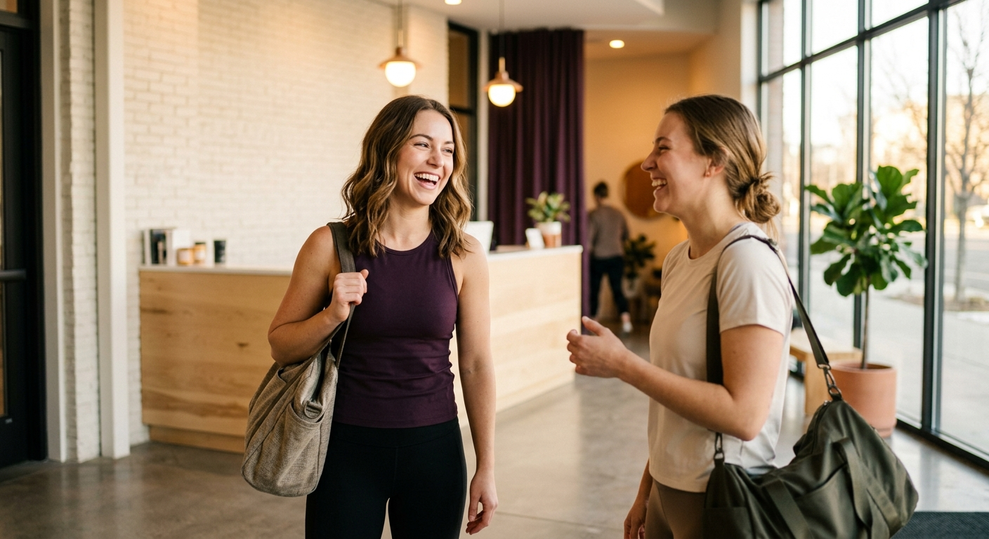 Two friends laughing together in a bright boutique-fitness studio lobby after class