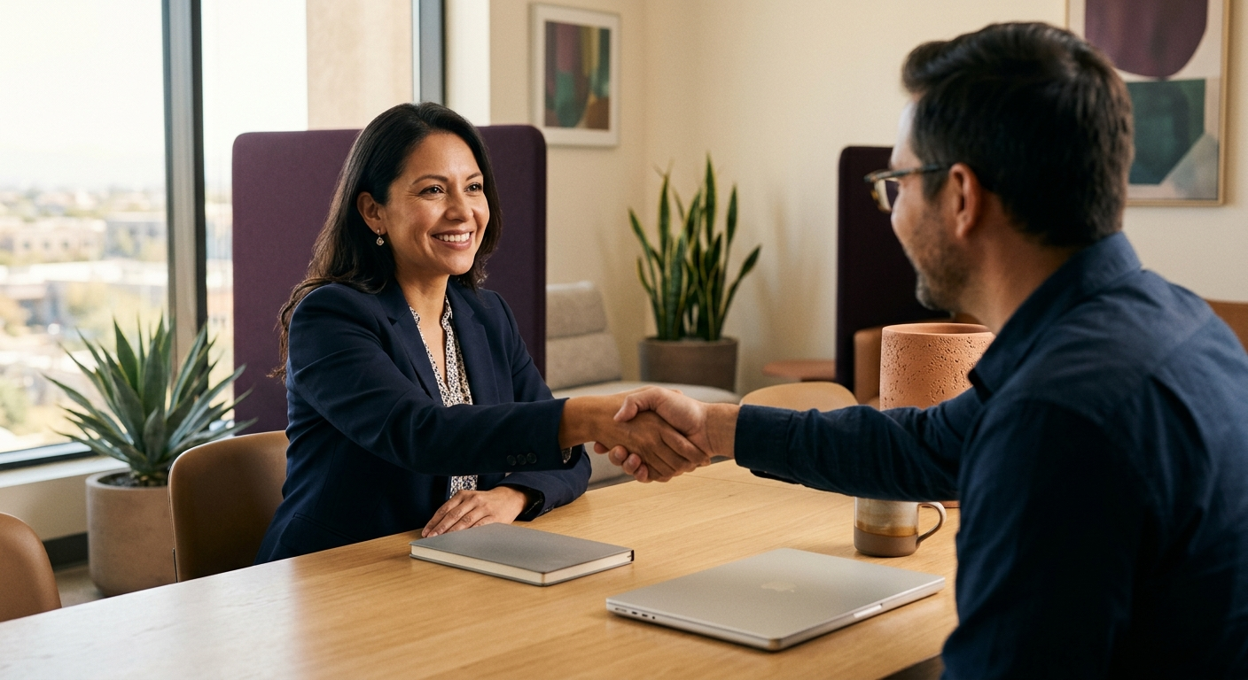 A prospective buyer and a business advisor shaking hands warmly across a consultation table