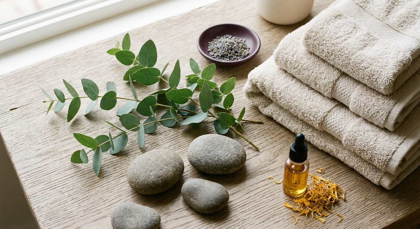 Close flat-lay texture of eucalyptus sprigs, river stones, and folded spa towels