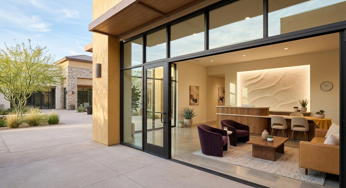 A bright modern med-spa reception lobby with warm desert daylight through a glass storefront