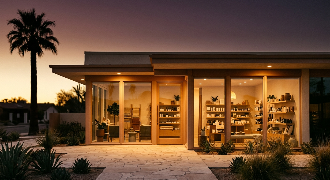 A boutique wellness storefront at dusk with warm interior glow and a single palm silhouette