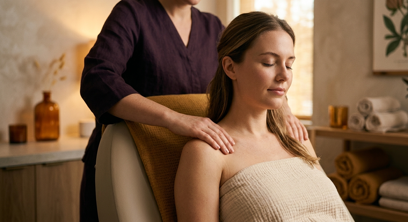 A wellness therapist performing a lymphatic drainage technique on a relaxed client